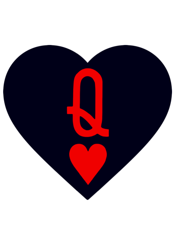 Black heart with a red 'Q' and smaller red heart inside on a white background